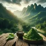 A serene and calm mountain landscape forms the backdrop for a pile of green powder, representing White Maeng Da Kratom. The powder is neatly arranged